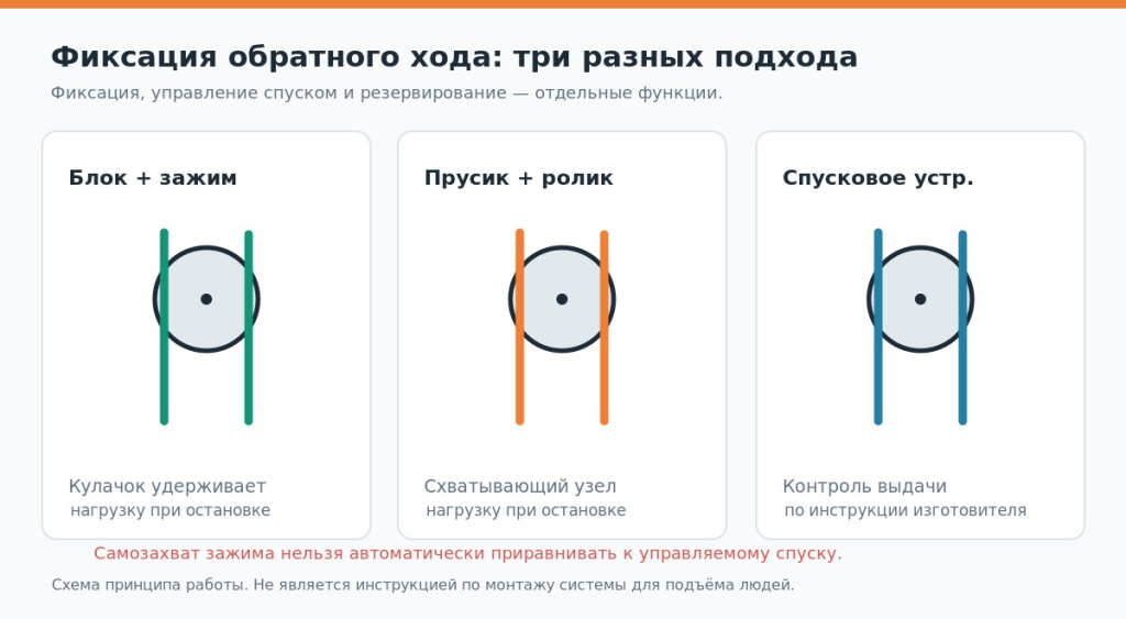 Три способа удержания обратного хода в полиспасте: блок с зажимом, прусик, спусковое устройство